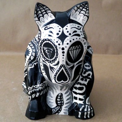Skulptur Mexikanischer Bullterrier Tattoo, Tag der Toten, Dia De Los Muertos Skulptur Hundeskelett