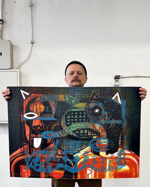 Litografia barwna VON STUCK UND GEPANZERTER HUND grafika artystyczna Krzysztof Świętek