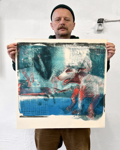 Litografia barwna O PSIE, KTÓRY OGLĄDAŁ TELEWIZJĘ grafika artystyczna Krzysztof Świętek